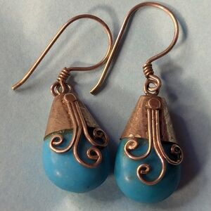 💙 Silver turquoise earrings hook clasps 925 design asian style 1.5" dangle